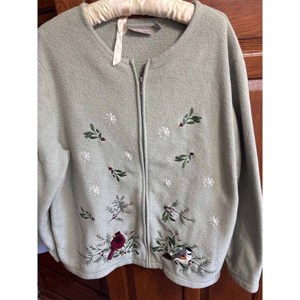 Croft & Barrow 1X Sage Green Embroidered Cardinals Zip Soft Jacket